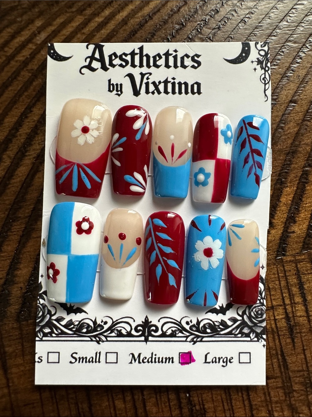 Hand-Painted Red, Blue & Nude Floral Press-On Nails
